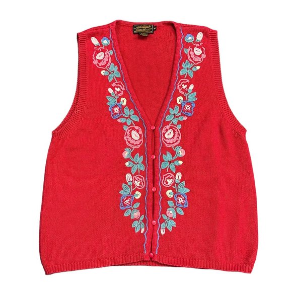 Vintage Eddie Bauer Womens M Red Sweater Button Vest Embroidered Cottagecore y2k - Picture 12 of 15